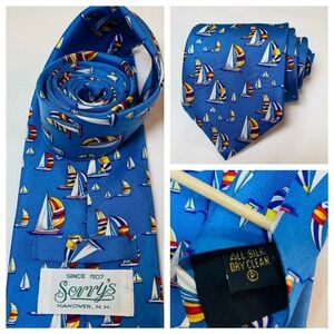 Serry's Blue Silk Necktie Sailboat Pattern Nautical Menswear Fashion Tie Hanover